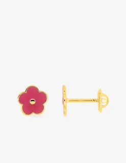 Boucles d'oreilles fleur rose or jaune 375‰ et laque SO OR