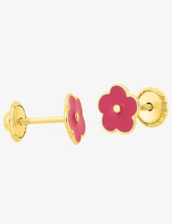 Boucles d'oreilles fleur rose or jaune 375‰ et laque SO OR
