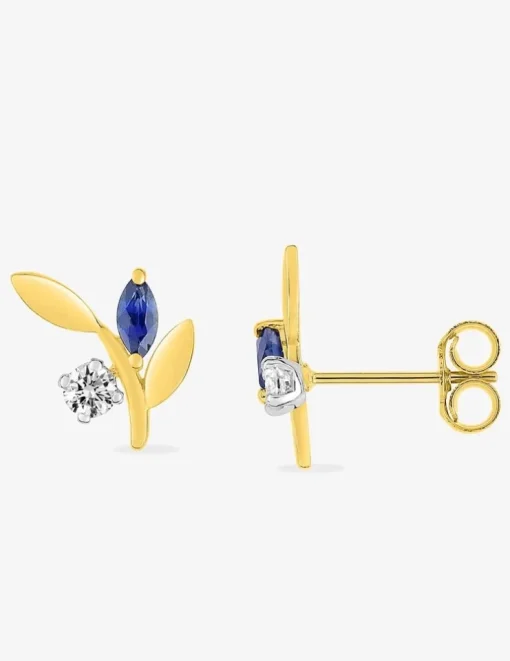Boucles d'oreilles fleurs or jaune 375‰, saphir et oxyde de zirconium SO OR