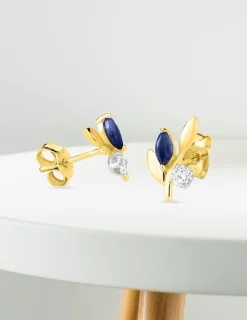 Boucles d'oreilles fleurs or jaune 375‰, saphir et oxyde de zirconium SO OR