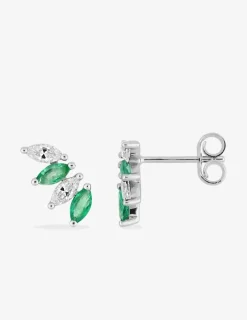 Boucles d'oreilles or blanc 375‰ navettes émeraudes et oxydes de zirconium SO OR