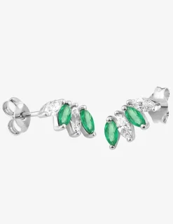 Boucles d'oreilles or blanc 375‰ navettes émeraudes et oxydes de zirconium SO OR