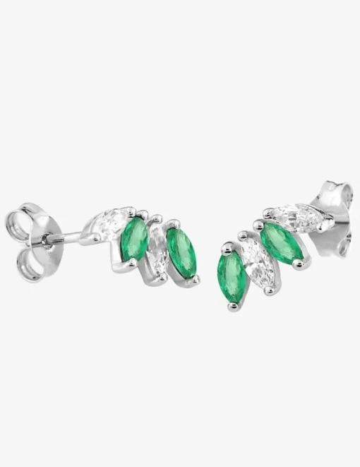 Boucles d'oreilles or blanc 375‰ navettes émeraudes et oxydes de zirconium SO OR