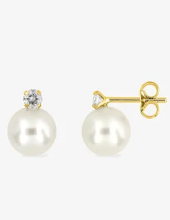 Boucles d'oreilles or jaune 375‰ et perle 7 mm et oxyde de zirconium SO OR