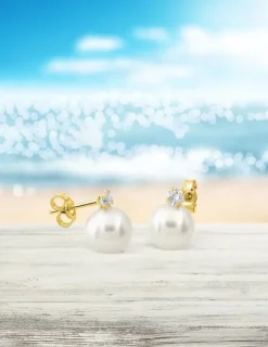 Boucles d'oreilles or jaune 375‰ et perle 7 mm et oxyde de zirconium SO OR