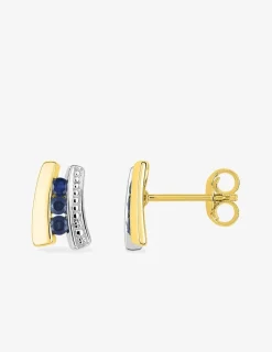 Boucles d'oreilles or jaune 375‰, rhodium et trilogie saphirs SO OR
