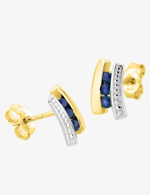 Boucles d'oreilles or jaune 375‰, rhodium et trilogie saphirs SO OR