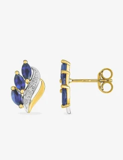 Boucles d'oreilles or jaune 375 ‰, rhodium et saphirs navettes SO OR