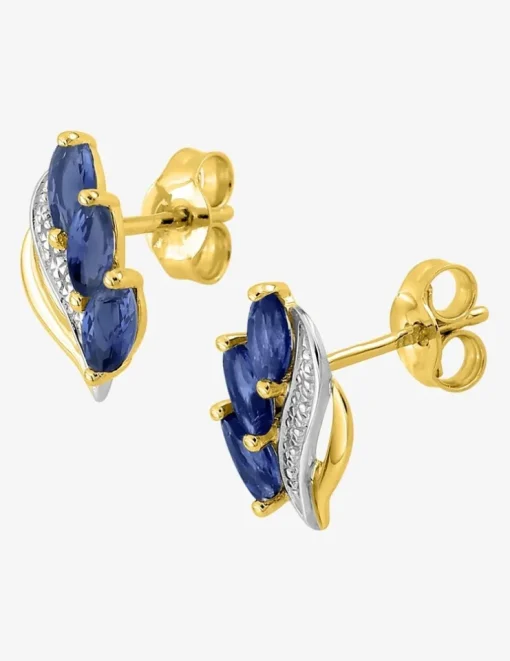 Boucles d'oreilles or jaune 375 ‰, rhodium et saphirs navettes SO OR