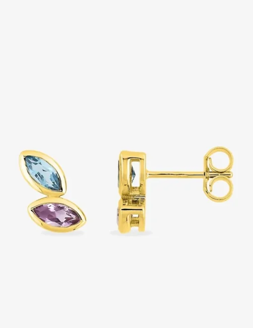 Boucles d'oreilles or jaune 375‰, topaze et améthyste navette SO OR