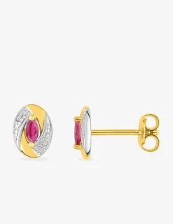 Boucles d'oreilles ovale plaqué or, rhodium et oxyde de zirconium rouge SO OR