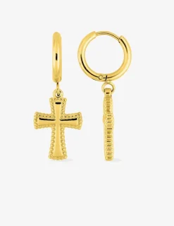 Boucles d’oreilles pendantes croix en acier doré SO OR