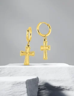Boucles d’oreilles pendantes croix en acier doré SO OR