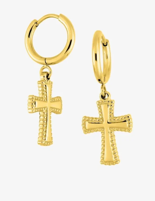 Boucles d’oreilles pendantes croix en acier doré SO OR