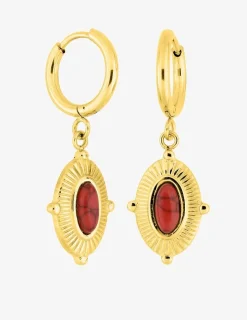 Boucles d'oreilles pendantes acier doré et turquoise rouge synthétique SO OR
