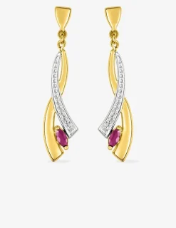 Boucles d'oreilles pendantes or jaune 750 ‰, rubis navette et rhodium SO OR
