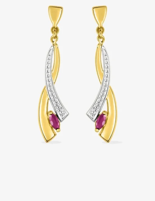 Boucles d'oreilles pendantes or jaune 750 ‰, rubis navette et rhodium SO OR