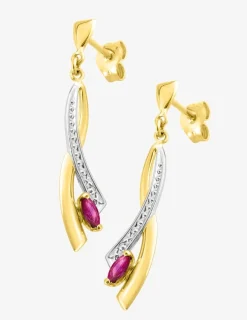 Boucles d'oreilles pendantes or jaune 750 ‰, rubis navette et rhodium SO OR