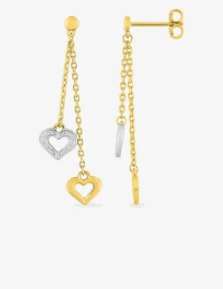 Boucles d'oreilles pendantes cœurs bicolores et chaîne forçat, plaqué or et rhodium SO OR