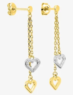 Boucles d'oreilles pendantes cœurs bicolores et chaîne forçat, plaqué or et rhodium SO OR