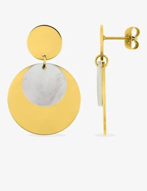 Boucles d'oreilles pendantes cercles acier doré et nacre SO OR