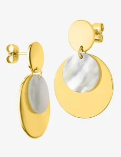 Boucles d'oreilles pendantes cercles acier doré et nacre SO OR