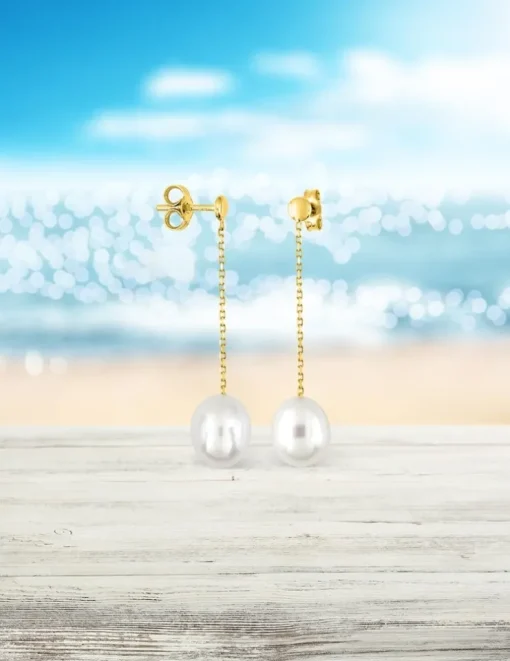 Boucles d'oreilles pendantes or jaune 375‰ et perle 7 mm SO OR