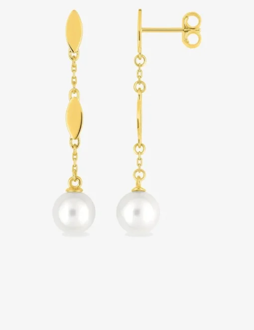 Boucles d'oreilles pendantes or jaune 375 ‰, perle de culture d'eau douce 6 mm SO OR