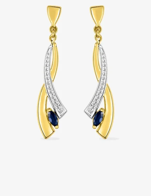 Boucles d'oreilles pendantes fantaisie or jaune 750 ‰, saphir et rhodium SO OR