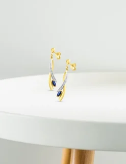 Boucles d'oreilles pendantes fantaisie or jaune 750 ‰, saphir et rhodium SO OR