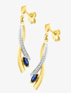 Boucles d'oreilles pendantes fantaisie or jaune 750 ‰, saphir et rhodium SO OR