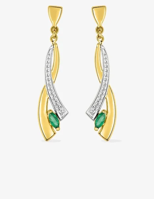 Boucles d'oreilles pendantes or jaune 750 ‰, émeraude et rhodium SO OR