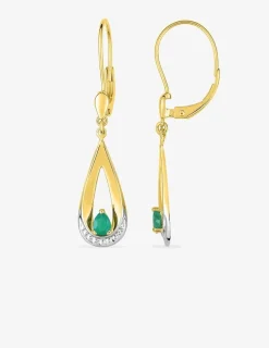 Boucles d'oreilles pendantes or jaune 750 ‰, émeraude en poire et rhodium SO OR