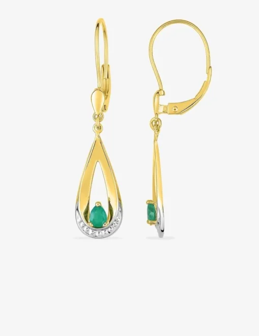 Boucles d'oreilles pendantes or jaune 750 ‰, émeraude en poire et rhodium SO OR