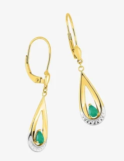 Boucles d'oreilles pendantes or jaune 750 ‰, émeraude en poire et rhodium SO OR