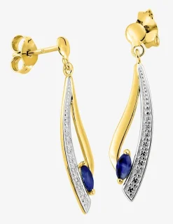 Boucles d'oreilles pendantes or jaune 375 ‰,rhodium, saphir et oxyde de zirconium SO OR