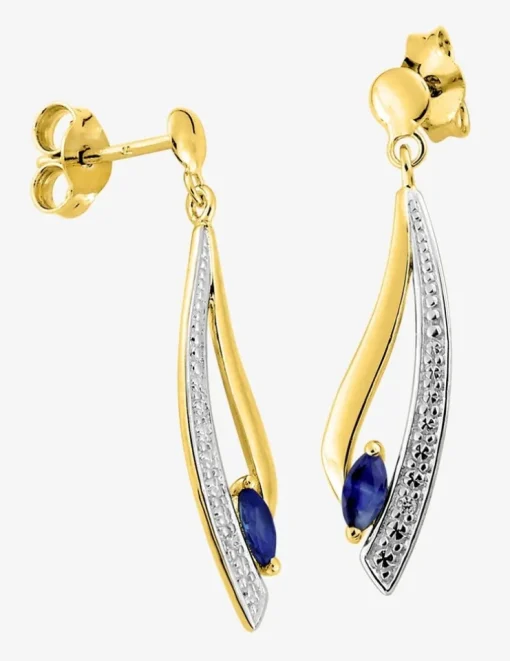 Boucles d'oreilles pendantes or jaune 375 ‰,rhodium, saphir et oxyde de zirconium SO OR