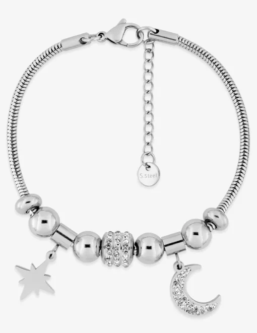Bracelet acier avec breloques en étoile et lune avec cristaux synthétiques SO OR