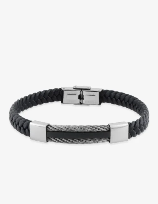 Bracelet acier CARGO cuir tressé, céramique noire SO OR