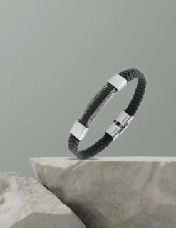 Bracelet acier CARGO cuir tressé, céramique noire SO OR