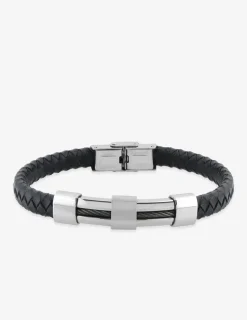Bracelet acier CARGO cuir noir tressé et motif SO OR