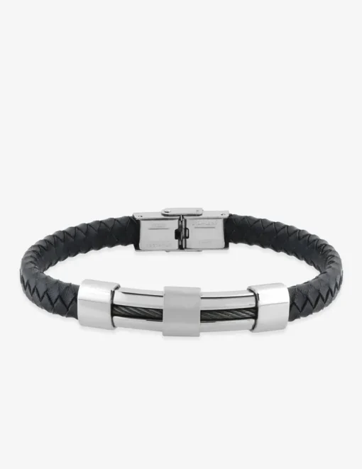 Bracelet acier CARGO cuir noir tressé et motif SO OR