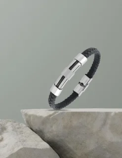 Bracelet acier CARGO cuir noir tressé et motif SO OR