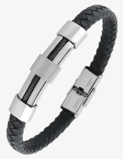 Bracelet acier CARGO cuir noir tressé et motif SO OR