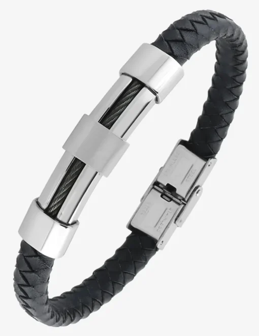 Bracelet acier CARGO cuir noir tressé et motif SO OR