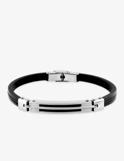 Bracelet acier CARGO cuir noir et motif central brillant ajouré SO OR