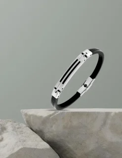 Bracelet acier CARGO cuir noir et motif central brillant ajouré SO OR