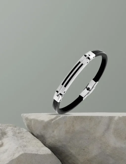 Bracelet acier CARGO cuir noir et motif central brillant ajouré SO OR