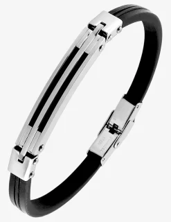 Bracelet acier CARGO cuir noir et motif central brillant ajouré SO OR