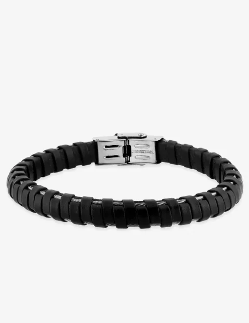Bracelet acier CARGO cuir tressé cable fin fermoir dentelé SO OR